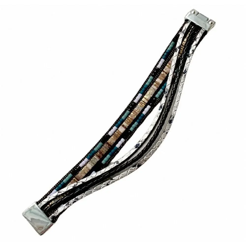 Black & White Multi-Strand Beaded Magnetic Clasp Cuff Bracelet